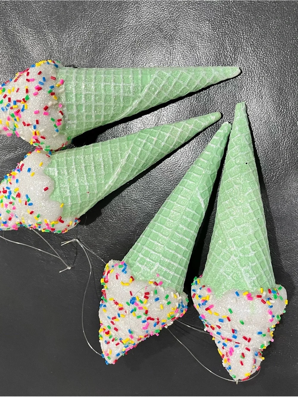 4 Pastel Mint GREEN ICE CREAM CONE DESSERT FOOD SWEET Christmas Ornaments